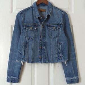 Grlfrnd Cara Classic Relaxed Fit Cropped Raw Hem Denim Jacket London Calling S